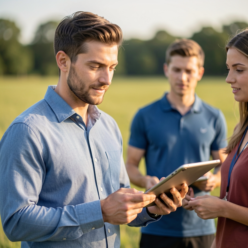 Coach and two participants discussing a walking route on a tablet beside a field in East Jakarta