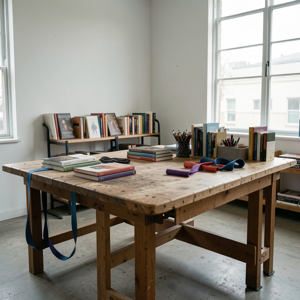 Bright Nebula editorial studio with books, resistance bands and a large worktable