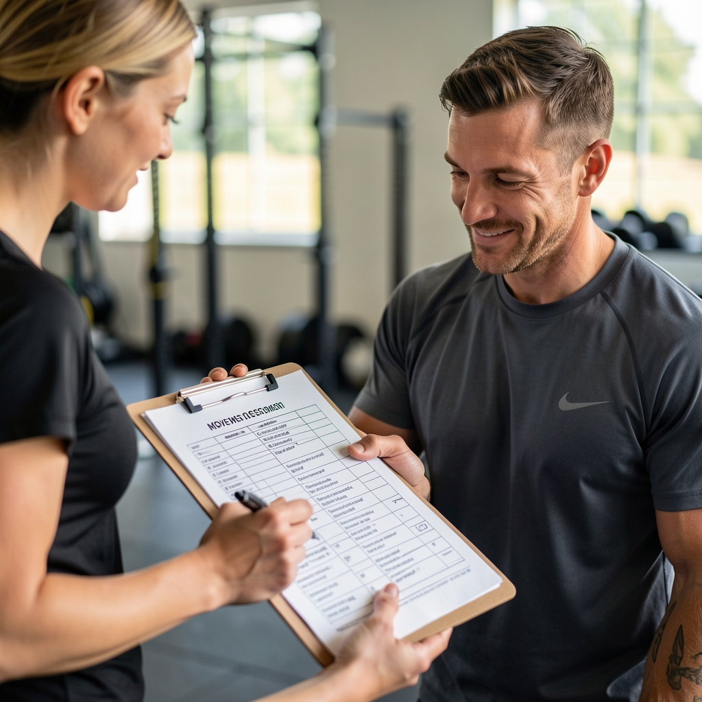 Coach and client reviewing a movement assessment checklist on a clipboard in a training studio