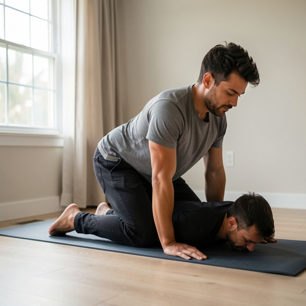 Man performing a hip-opening mobility drill on a mat in soft window light