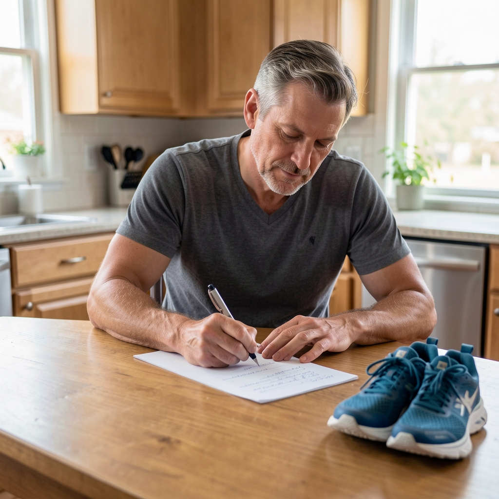 Man in his forties filling in a reflection worksheet at a kitchen table with running shoes beside him