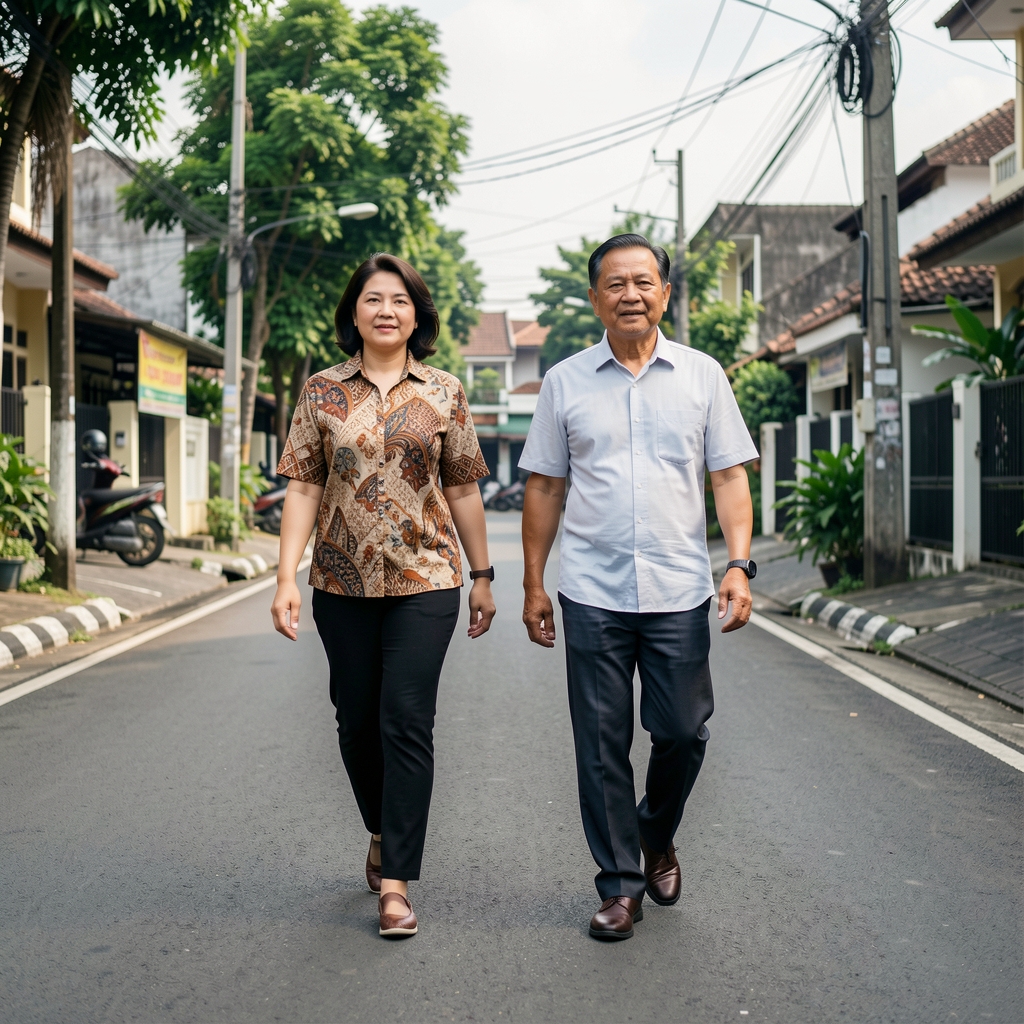 Woman and man in their fifties doing a timed walking check on a quiet residential street in Jakarta