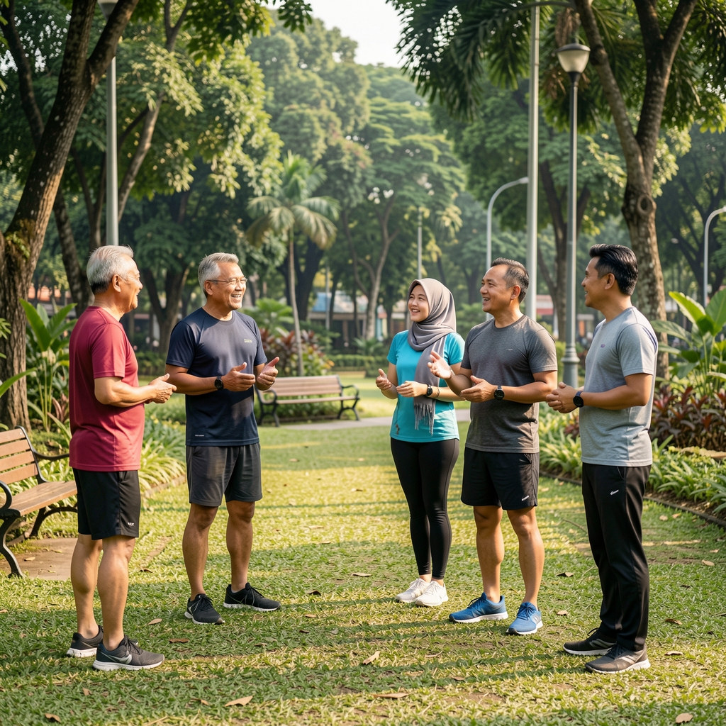 Group of mature men and women chatting after a light outdoor training session in a Jakarta park