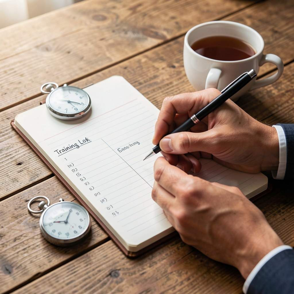 Hands writing notes in a training log beside a stopwatch and a cup of tea on a wooden table