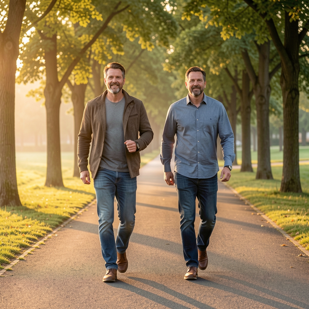 Two men in their forties walking briskly along a tree-lined path in East Jakarta at dawn
