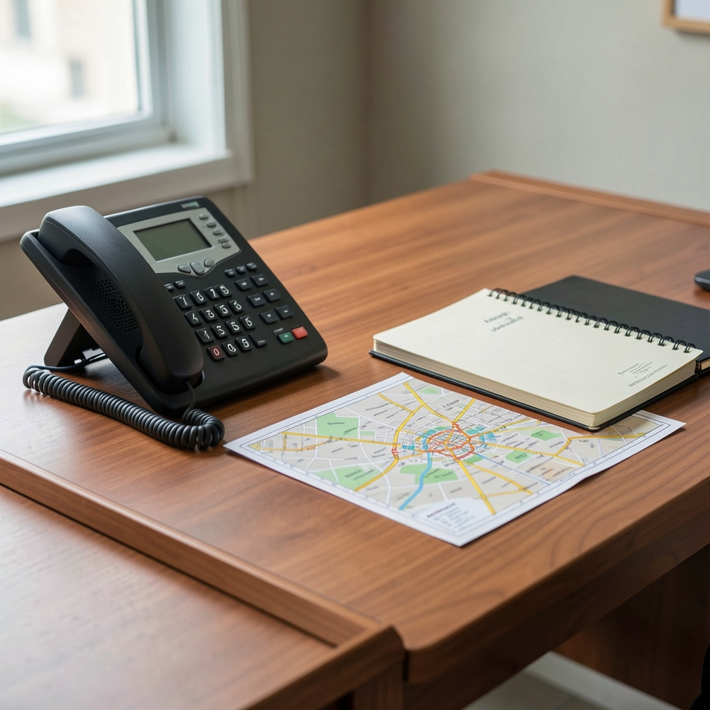 Quiet Nebula contact desk with telephone, notebook and a Jakarta street map