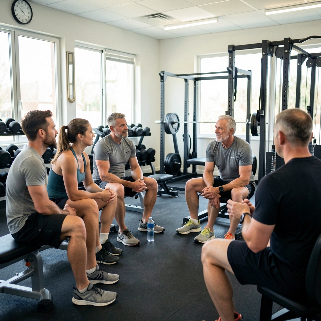 Small educational workshop with mature athletes listening to a speaker beside training equipment