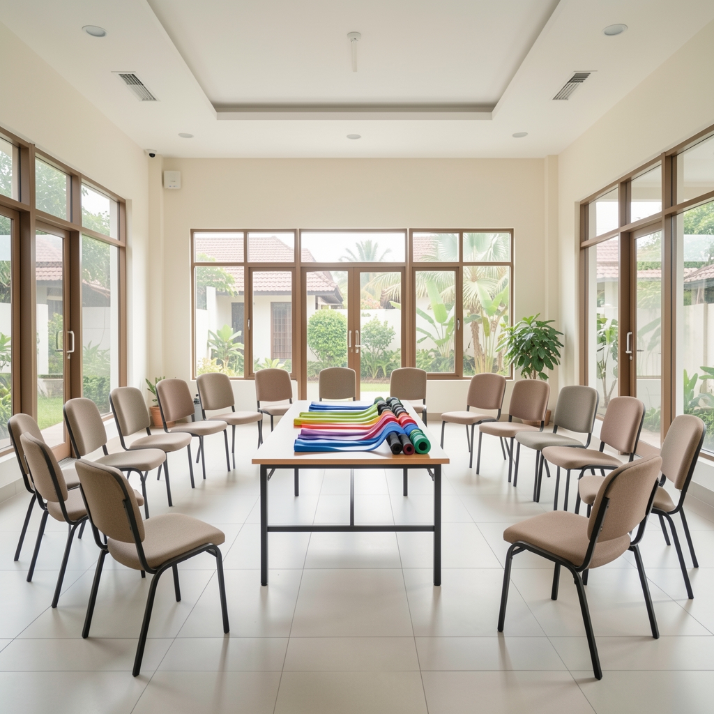 Bright community hall in Jakarta arranged with chairs in a semicircle and a table of resistance bands