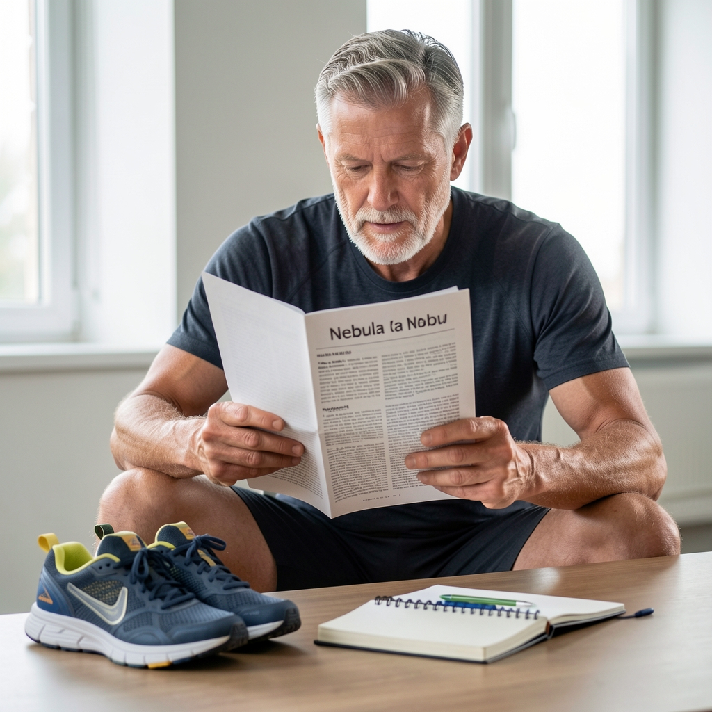 Mature athlete reading a printed Nebula article beside training shoes and a notebook