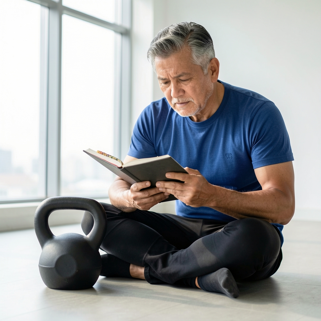 Mature athlete reviewing a training notebook beside a kettlebell in a bright Jakarta studio