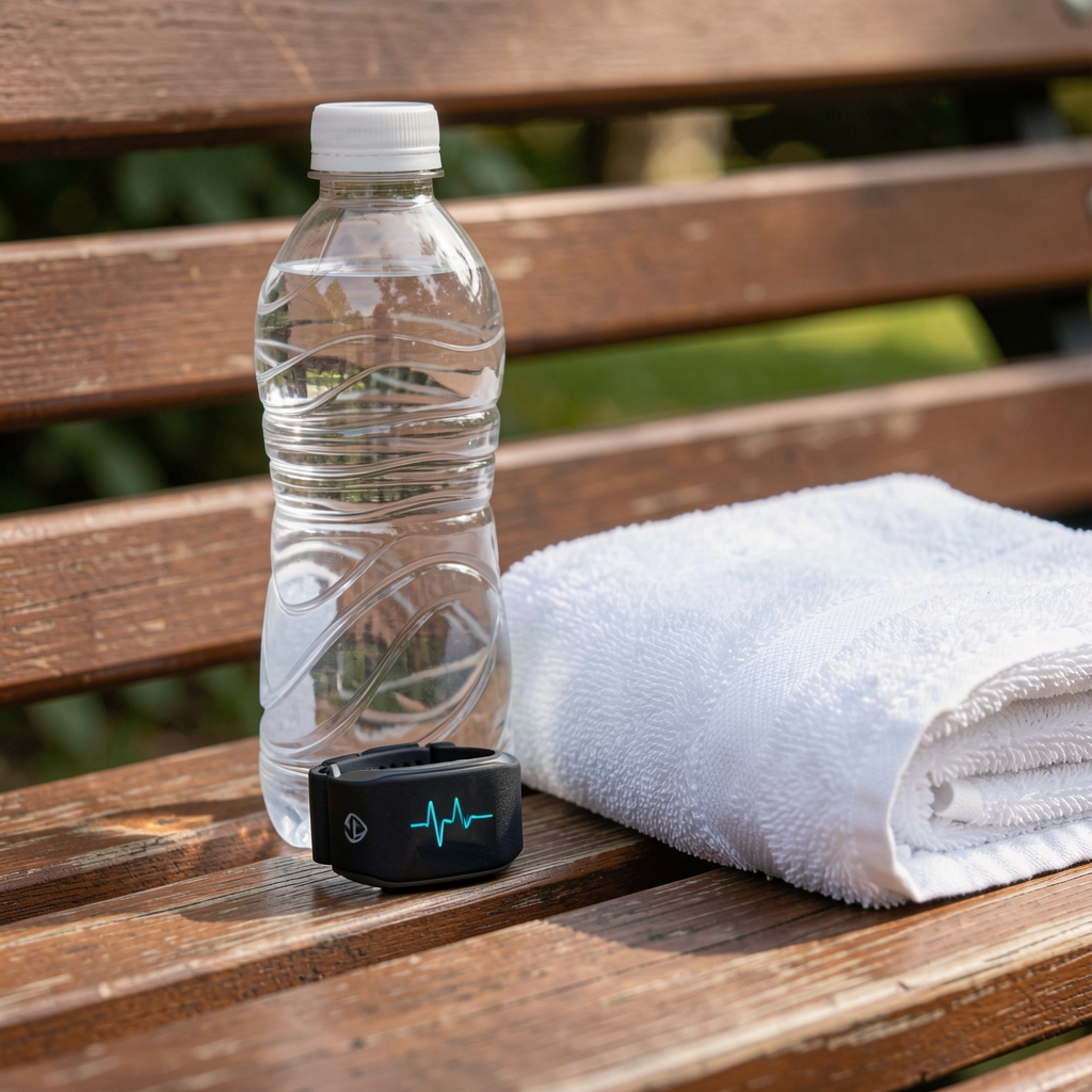 Close view of a wrist heart-rate monitor beside a water bottle and towel on a wooden bench