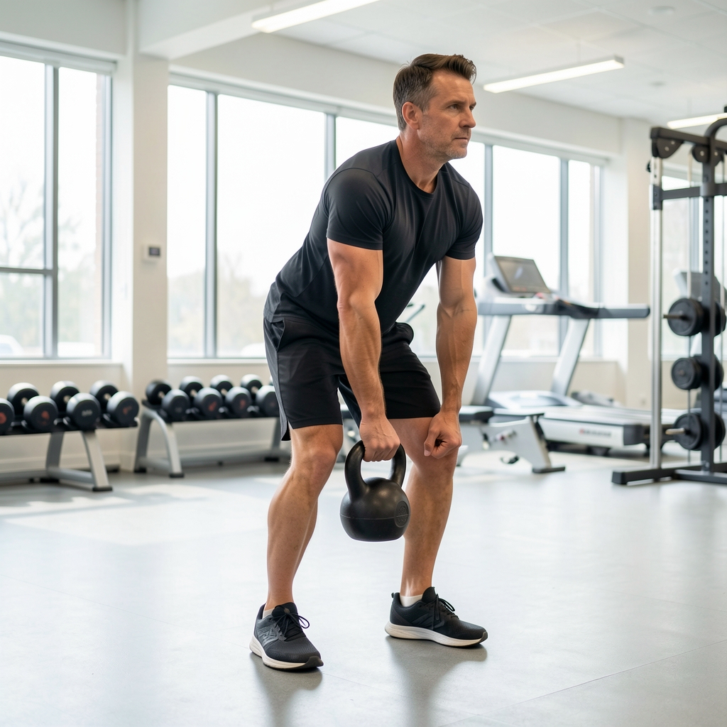 Man in his forties performing a controlled kettlebell carry across a bright gym floor