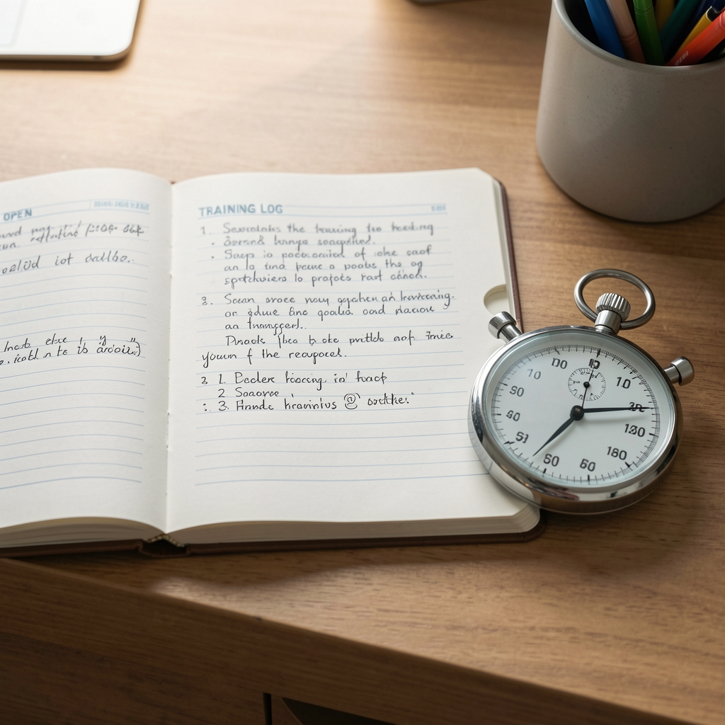 Open training log with handwritten session notes next to a stopwatch on a desk