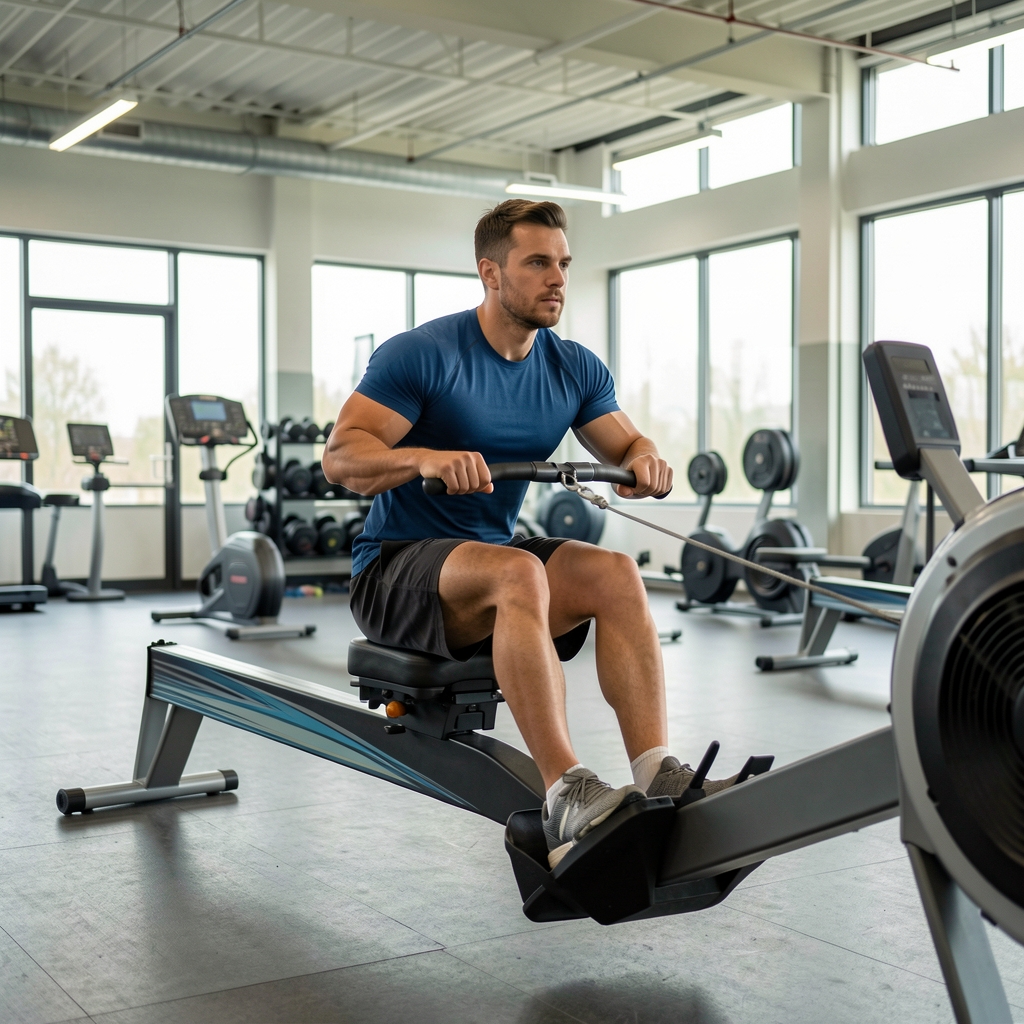 Man rowing on an indoor rowing machine with steady posture in a well-lit training hall