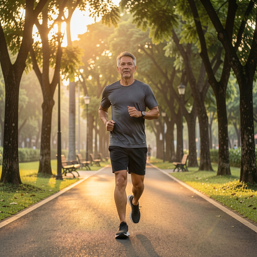 Middle-aged man jogging at an even pace along a tree-lined path in a Jakarta park at sunrise