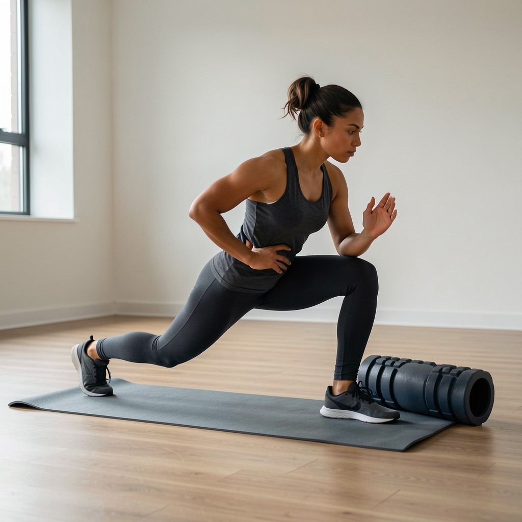 Athlete in a lunge stretch on a yoga mat with a foam roller nearby in a quiet studio