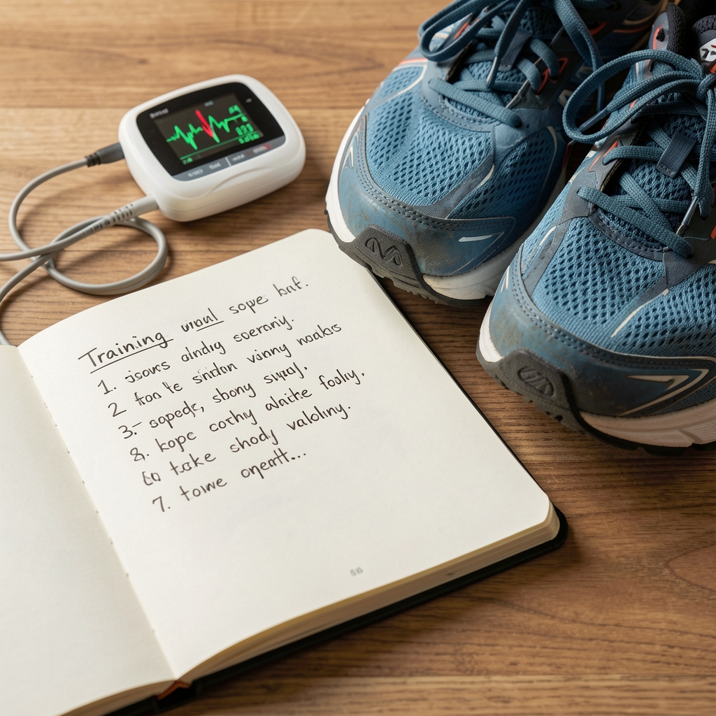 Open notebook with handwritten training vocabulary beside a heart-rate monitor and a pair of running shoes