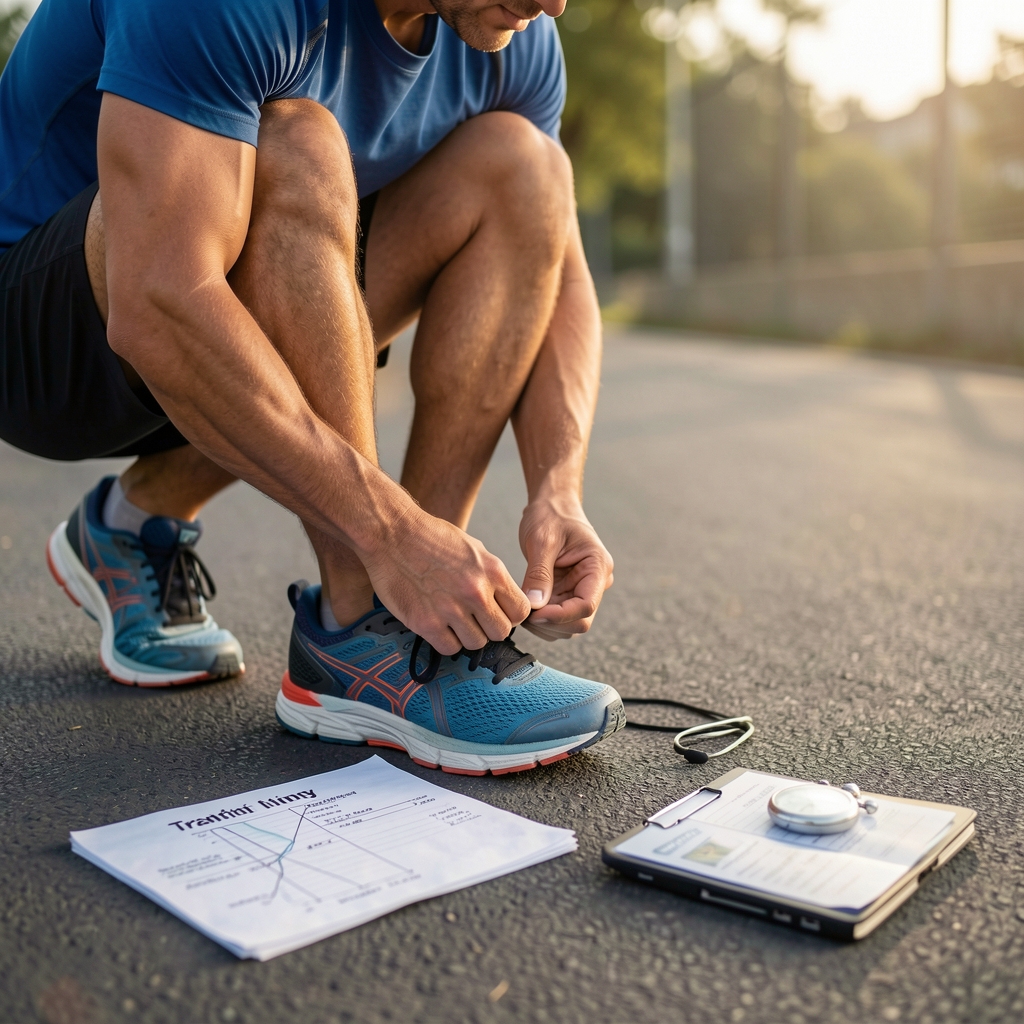 Athlete tying running shoes beside a training plan and analog stopwatch