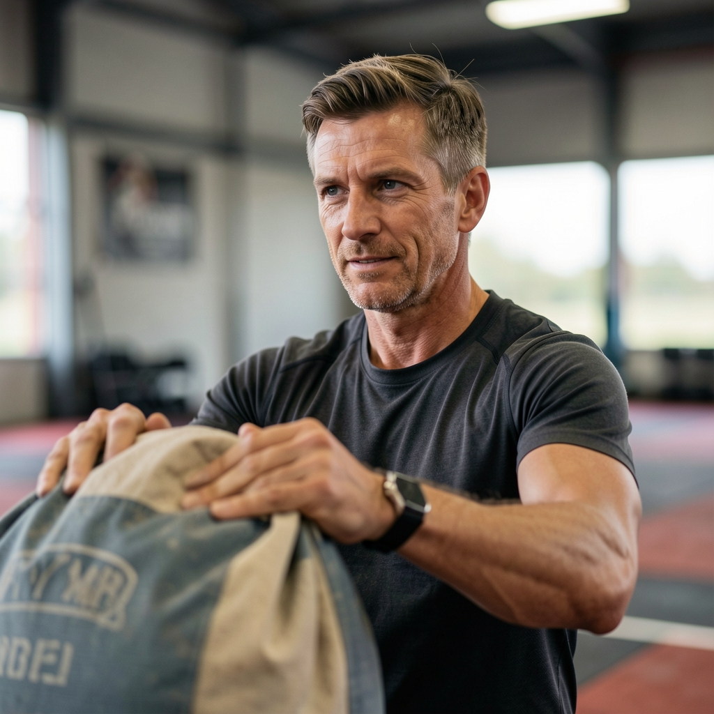 Coach observing a mature athlete carrying a sandbag across an indoor training floor