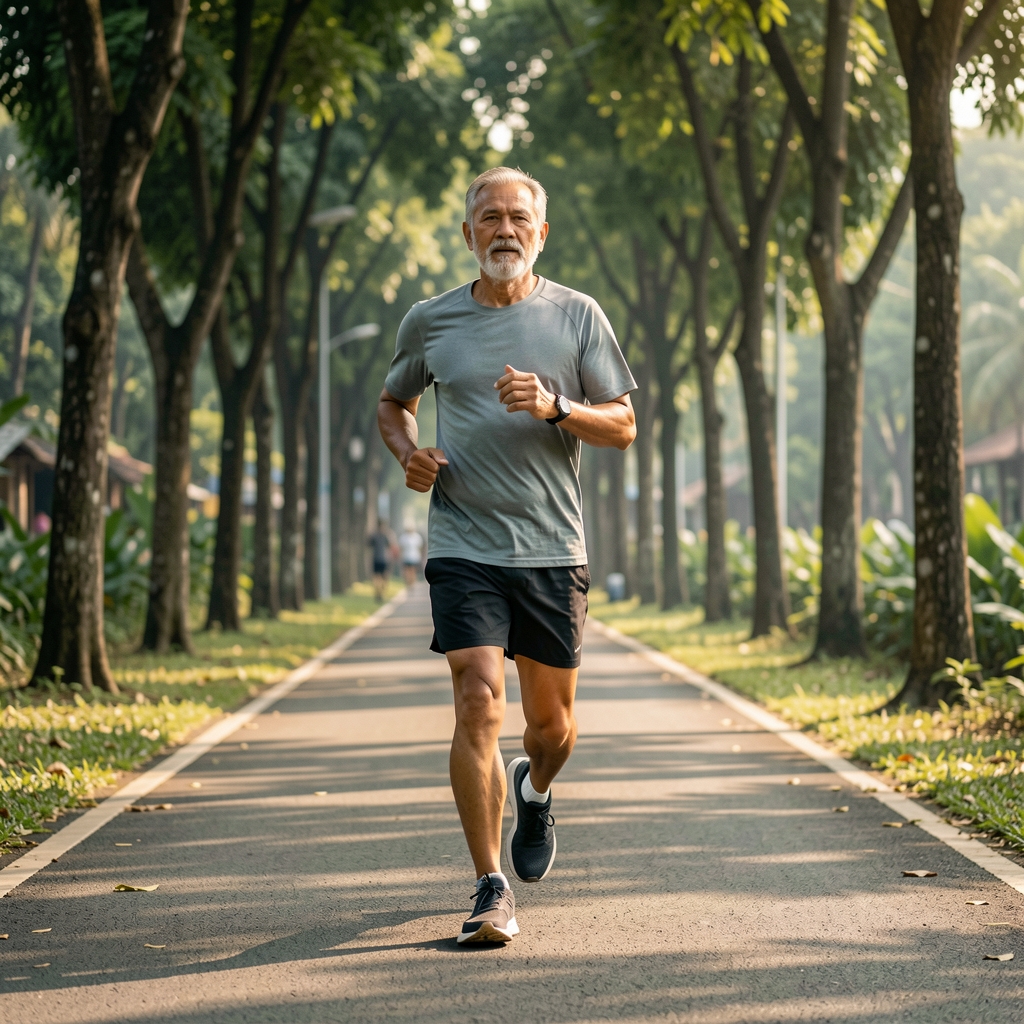 Mature male runner on a tree-lined Jakarta path during an easy morning session
