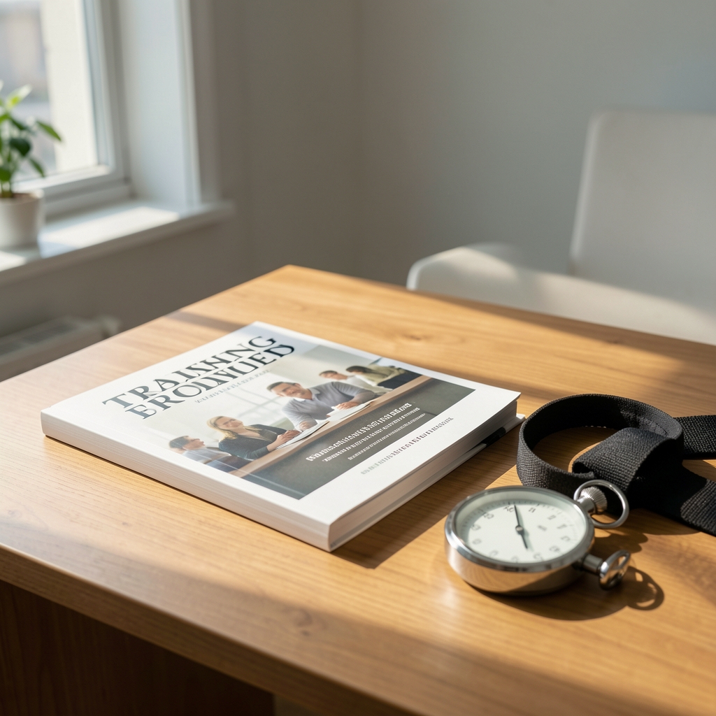 Editorial desk with training journal, stopwatch and resistance band under morning light