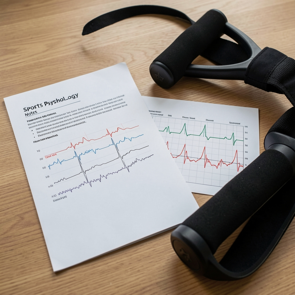 Sports physiology notes and heart rate chart beside a resistance band