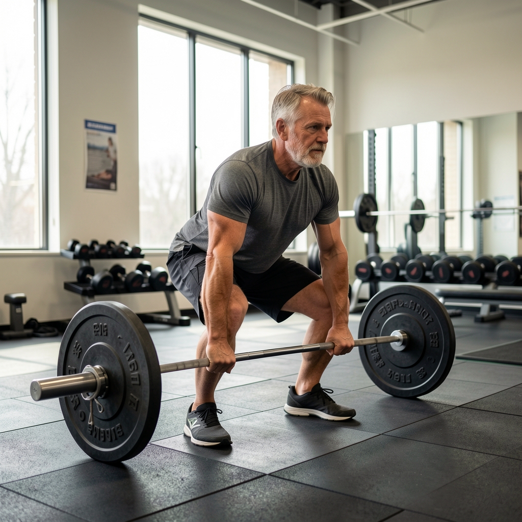 Mature athlete performing a controlled barbell hinge in a spacious training studio