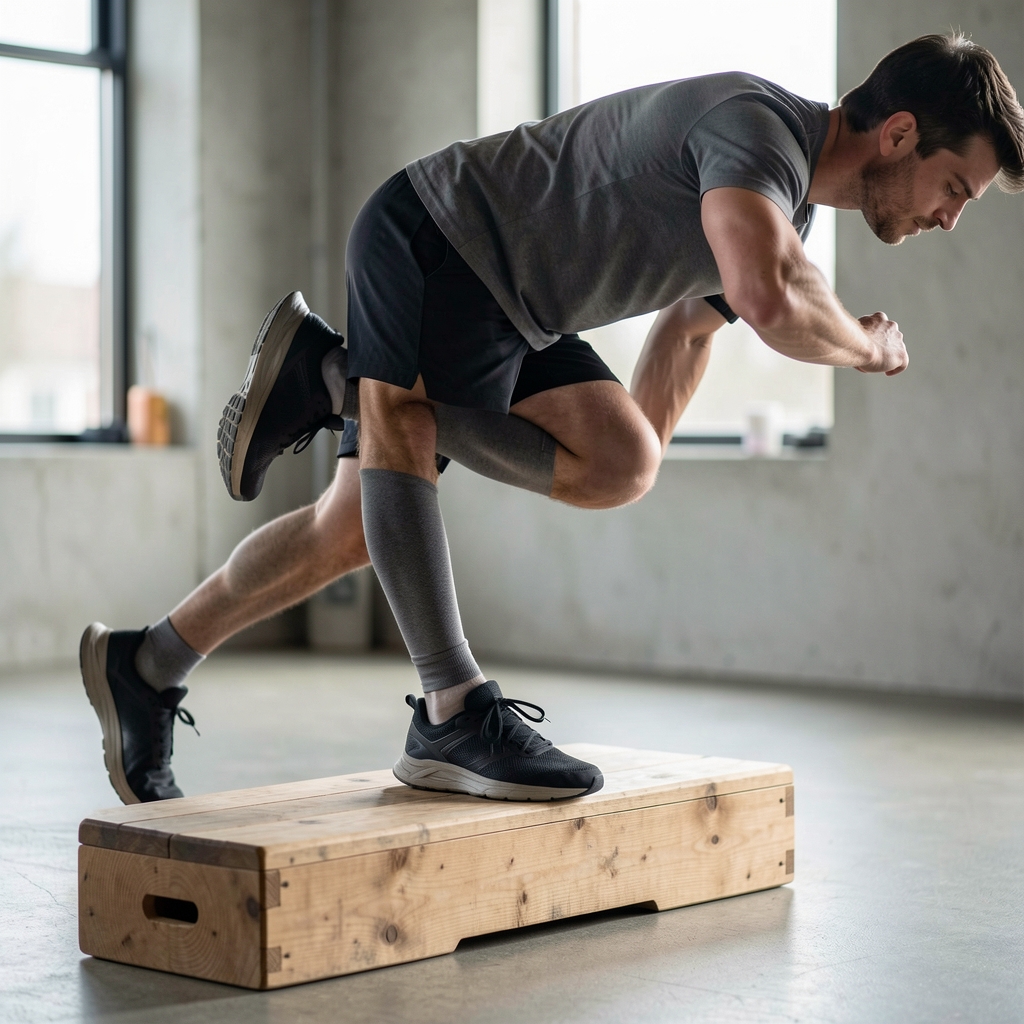 Athlete practicing ankle mobility against a low wooden step with careful balance
