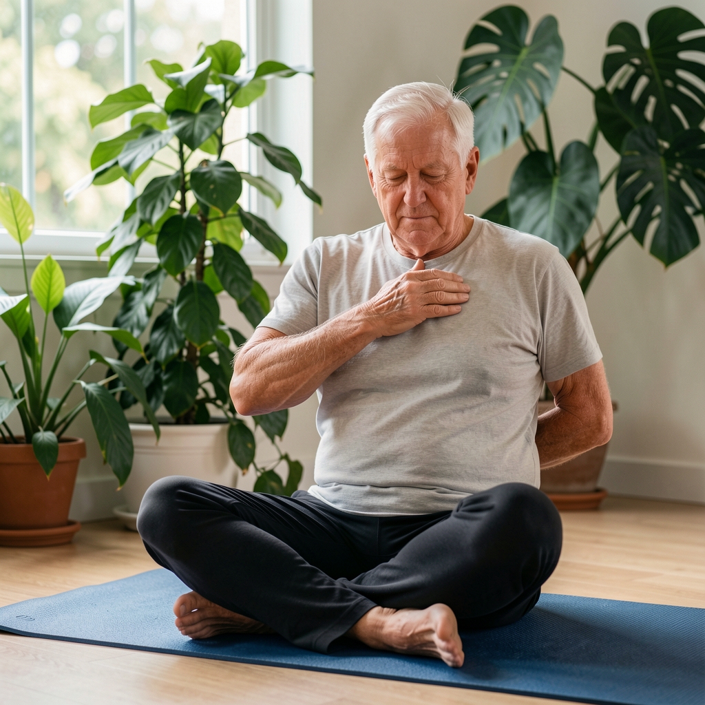 Older athlete seated on a mat practicing gentle thoracic rotation beside leafy plants