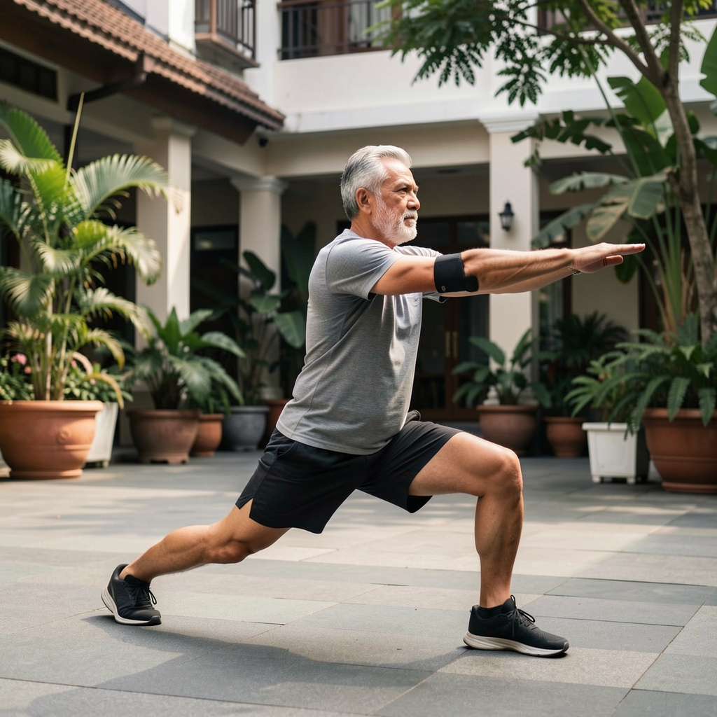 Mature male athlete performing a controlled lunge with a reach in an outdoor Jakarta courtyard