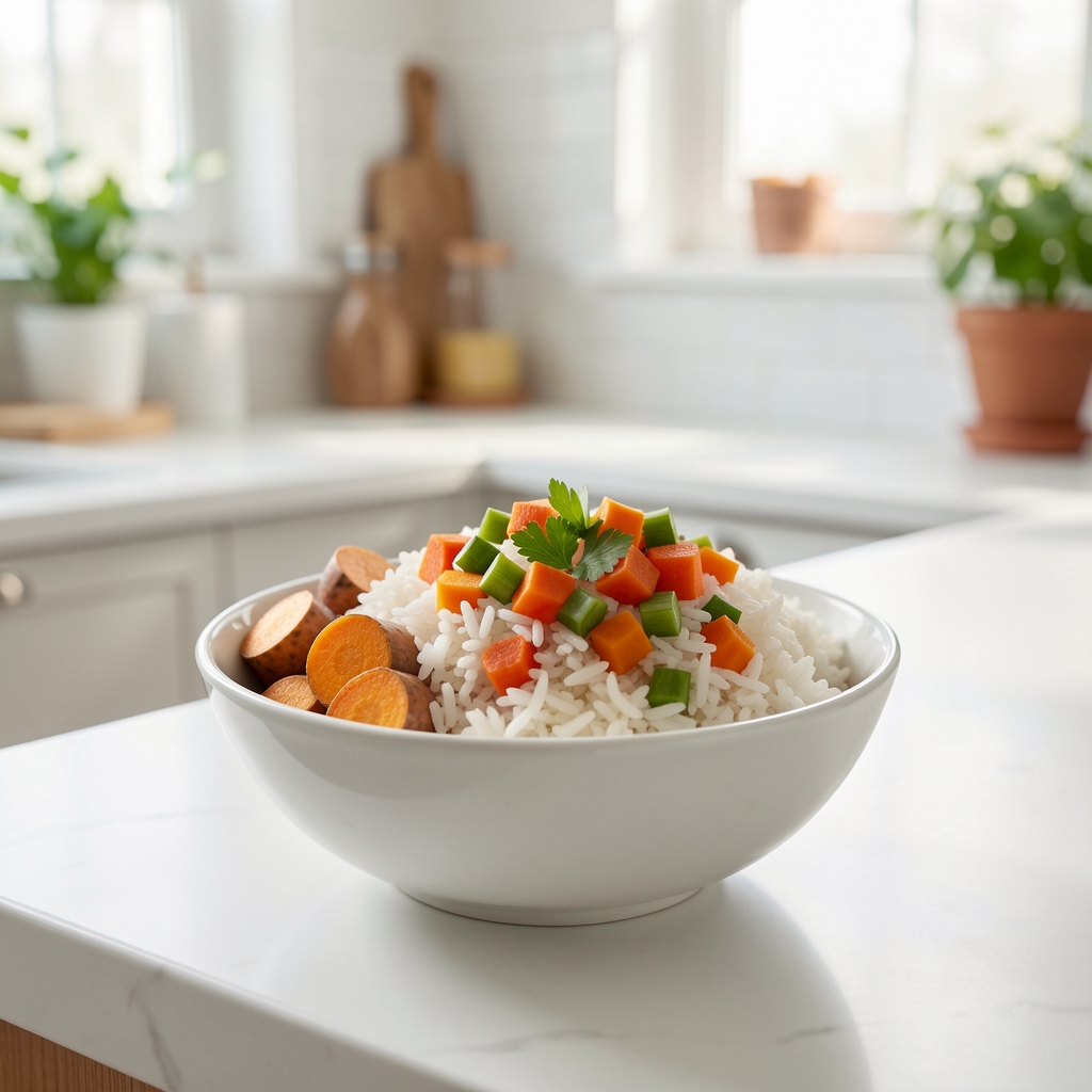 Bowl of steamed rice and sweet potato with chopped vegetables on a bright kitchen counter