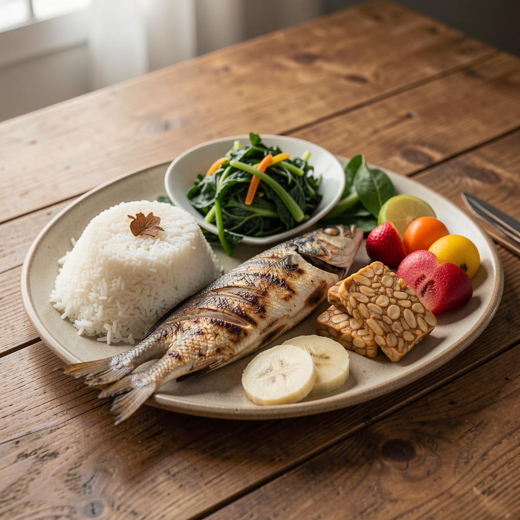 Wooden table with rice, grilled fish, tempeh, leafy vegetables and fresh fruit arranged on ceramic plates