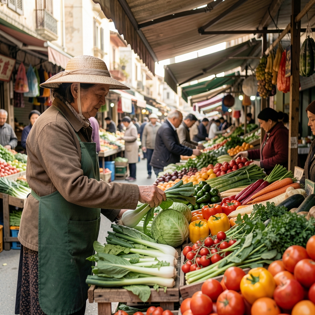 Shopper choosing fresh vegetables at a traditional morning market stall in East Jakarta