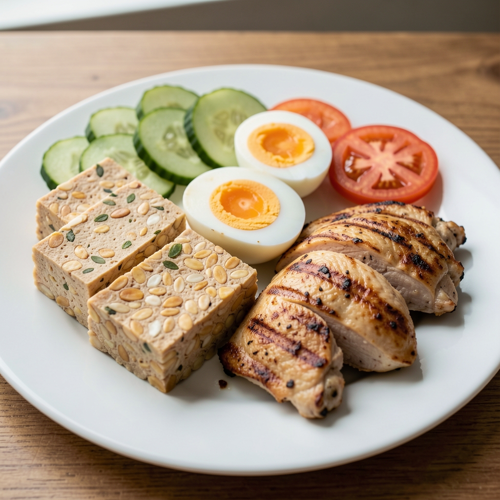 Plate of tofu, tempeh, eggs and grilled chicken with sliced cucumber and tomato