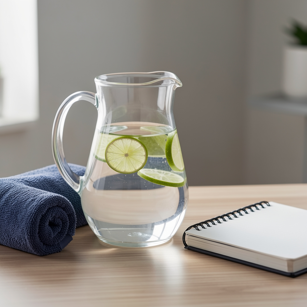 Glass jug of water with lime slices beside a gym towel and a notebook on a table