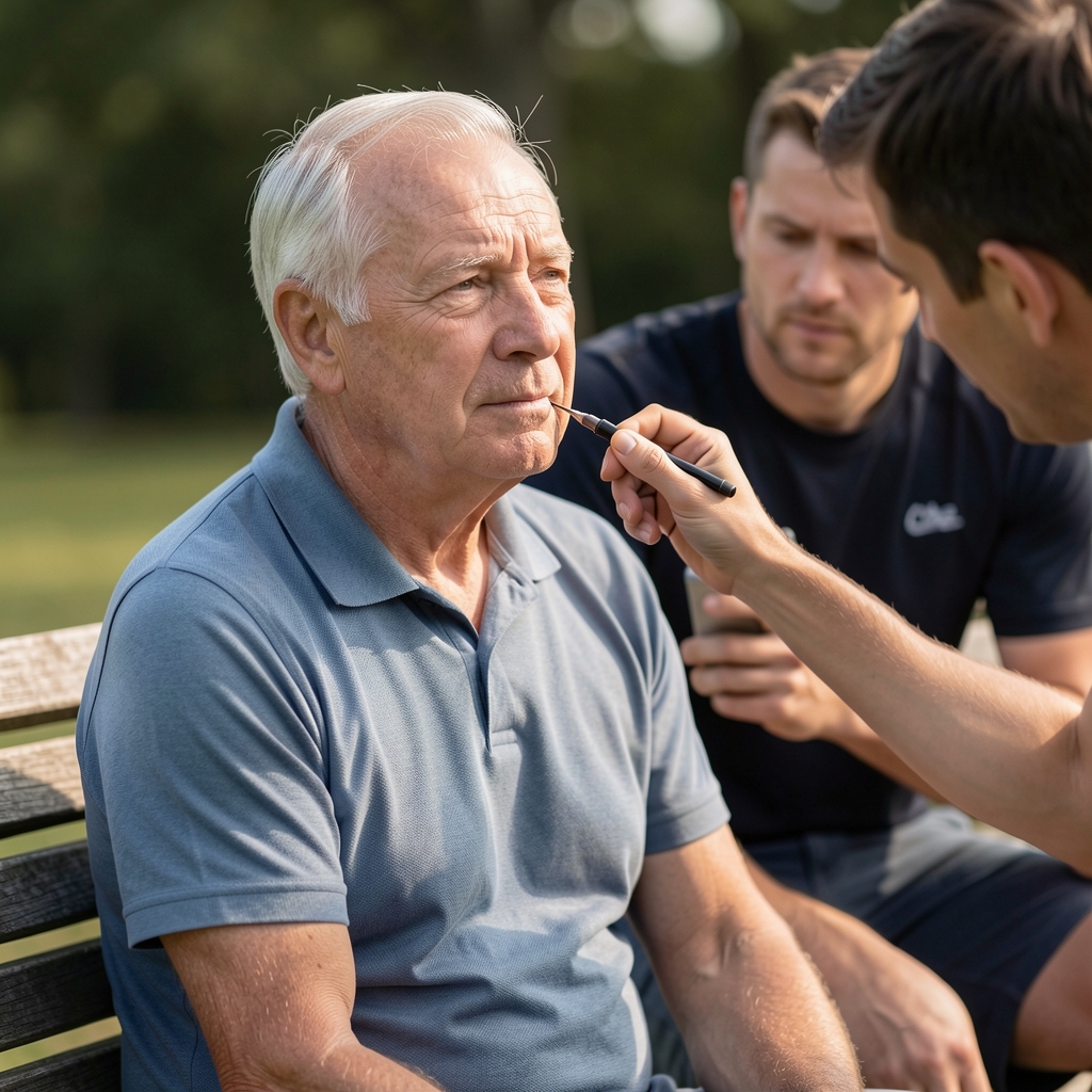 Older athlete seated on a bench breathing calmly while a coach records physiological observations