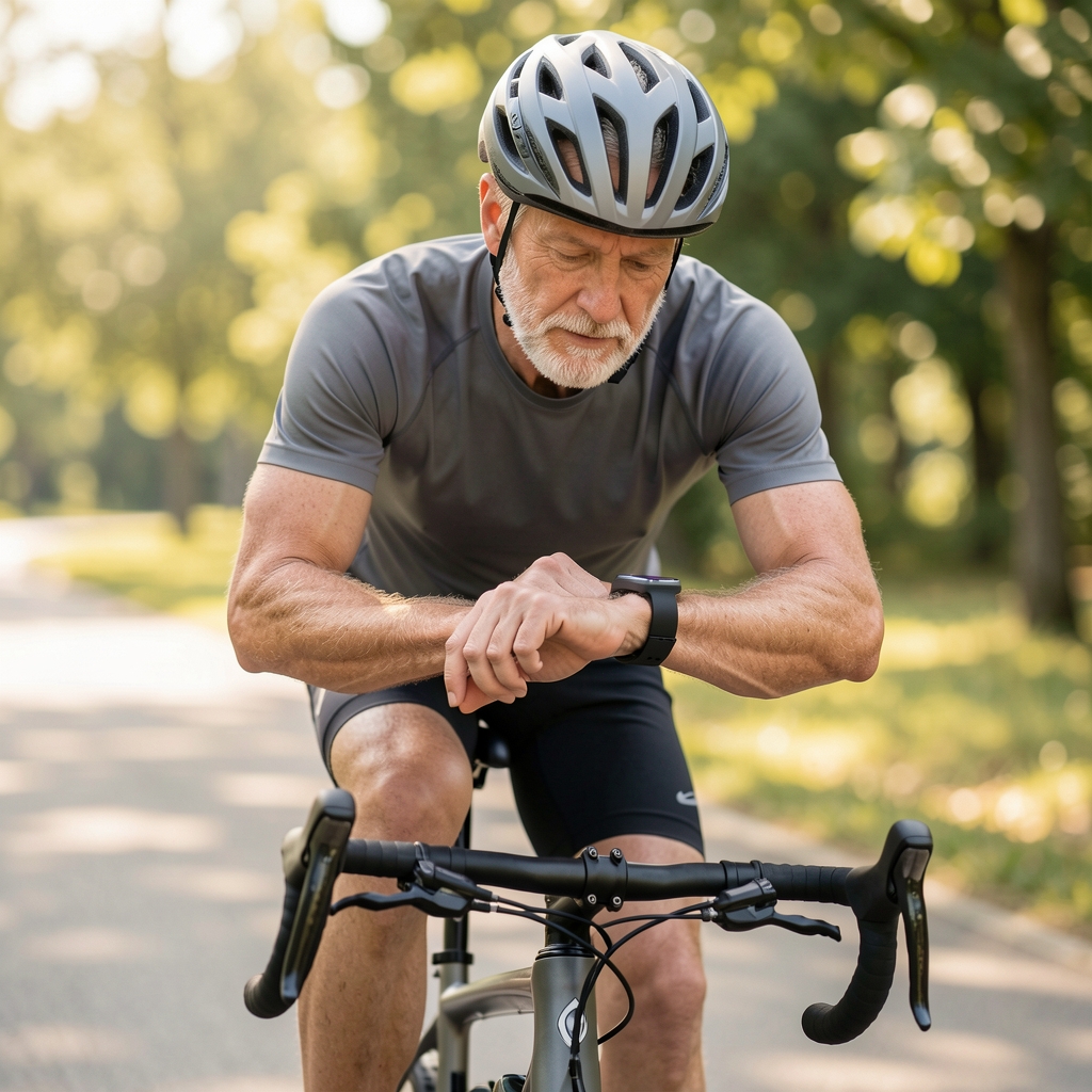 Mature athlete checking heart rate on a wrist monitor after a steady cycling session