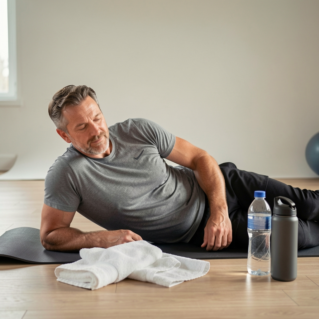 Man in his late forties resting on a mat after a training session with a towel and water bottle in a calm studio