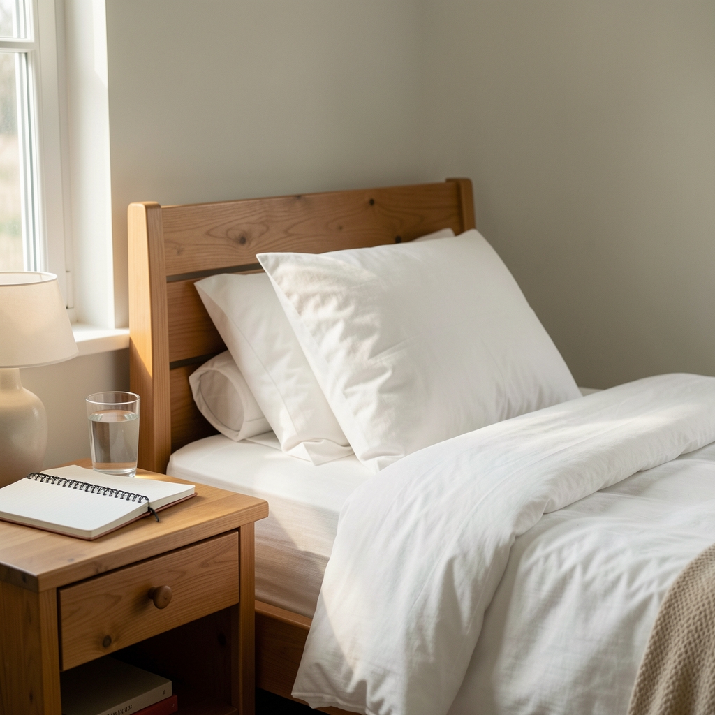 Tidy bedroom with soft morning light, a notebook and a glass of water on the bedside table