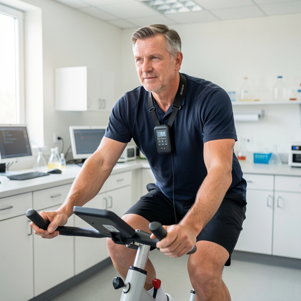 Middle-aged man on a stationary bike with a chest strap monitor in a bright laboratory