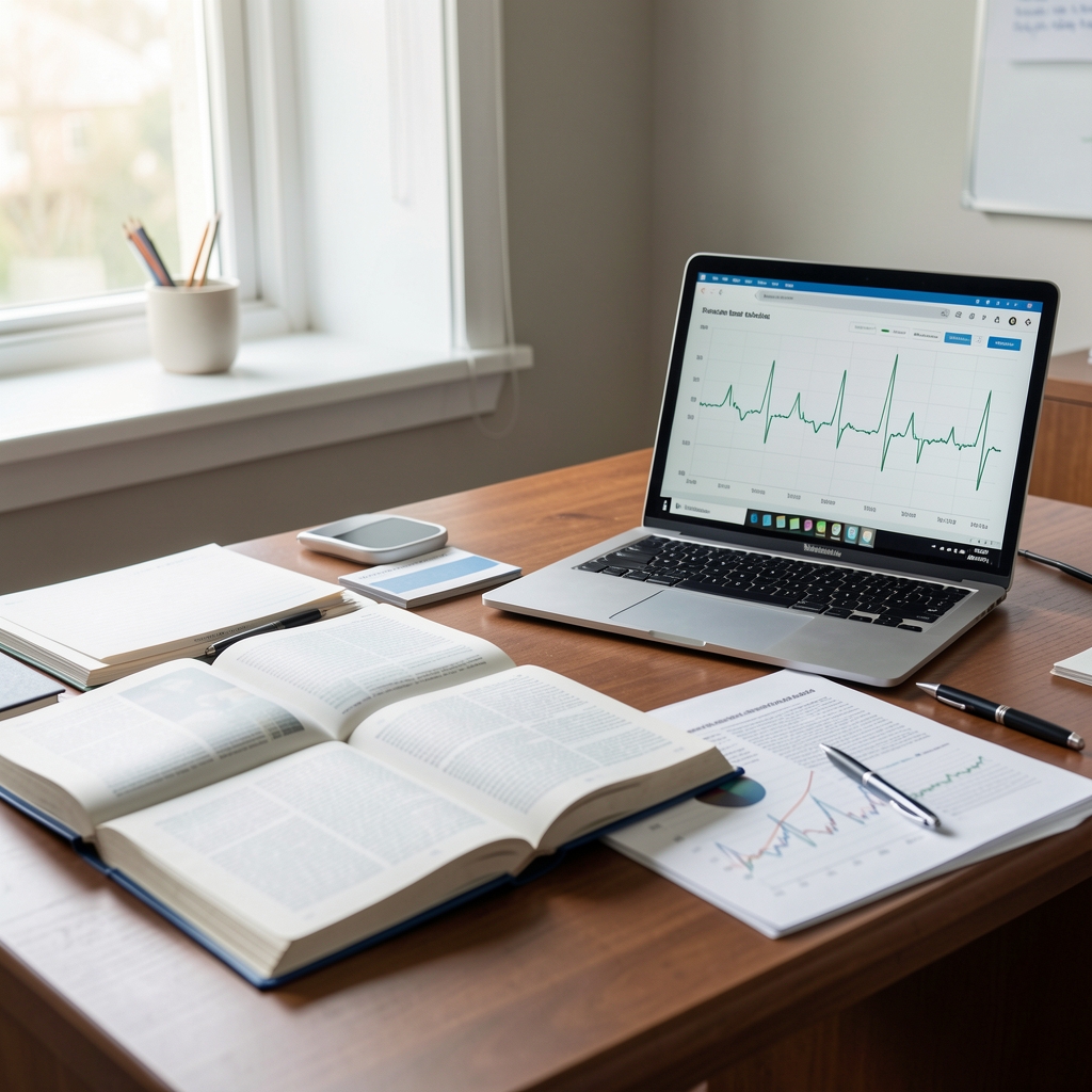 Open journals, a laptop with graphs and a heart-rate chart on a tidy research desk with natural light