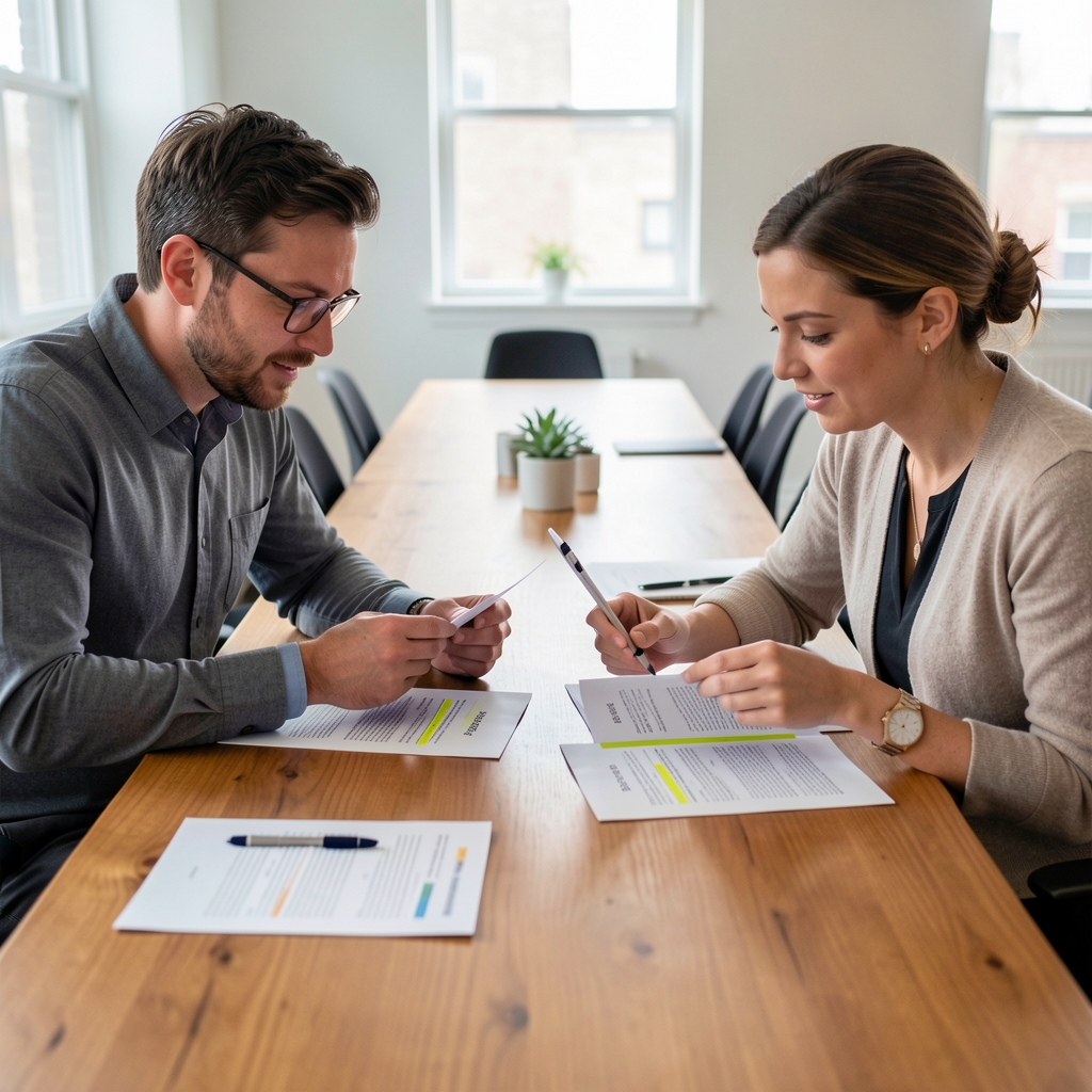 Two editors comparing printed study abstracts with highlighted sample sizes at a long wooden table