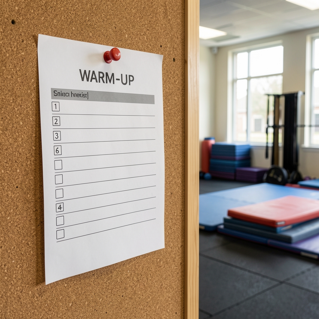 Printed warm-up checklist pinned to a corkboard in a community gym with mats in the background