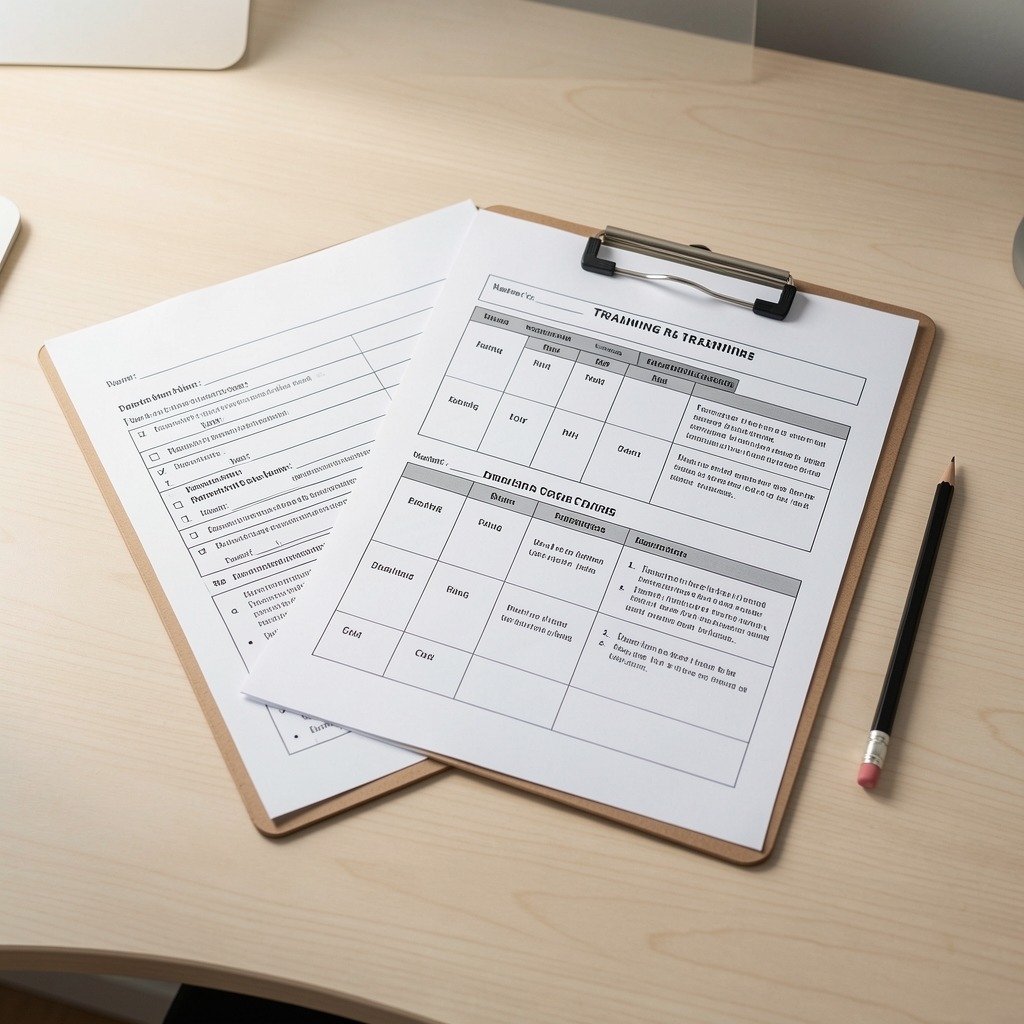 Neatly arranged printed training worksheets, a clipboard and a pencil on a pale wooden desk