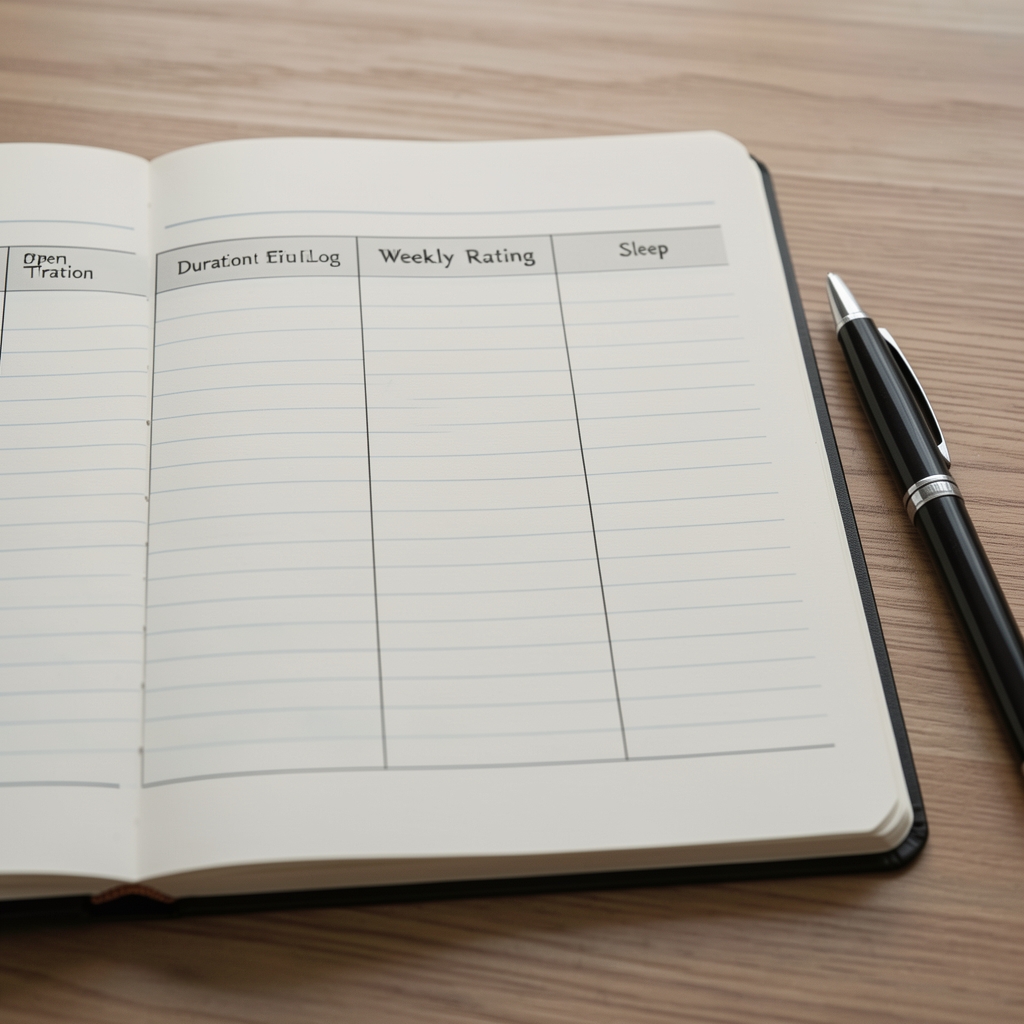 Open weekly training log with columns for duration, effort rating and sleep next to a pen