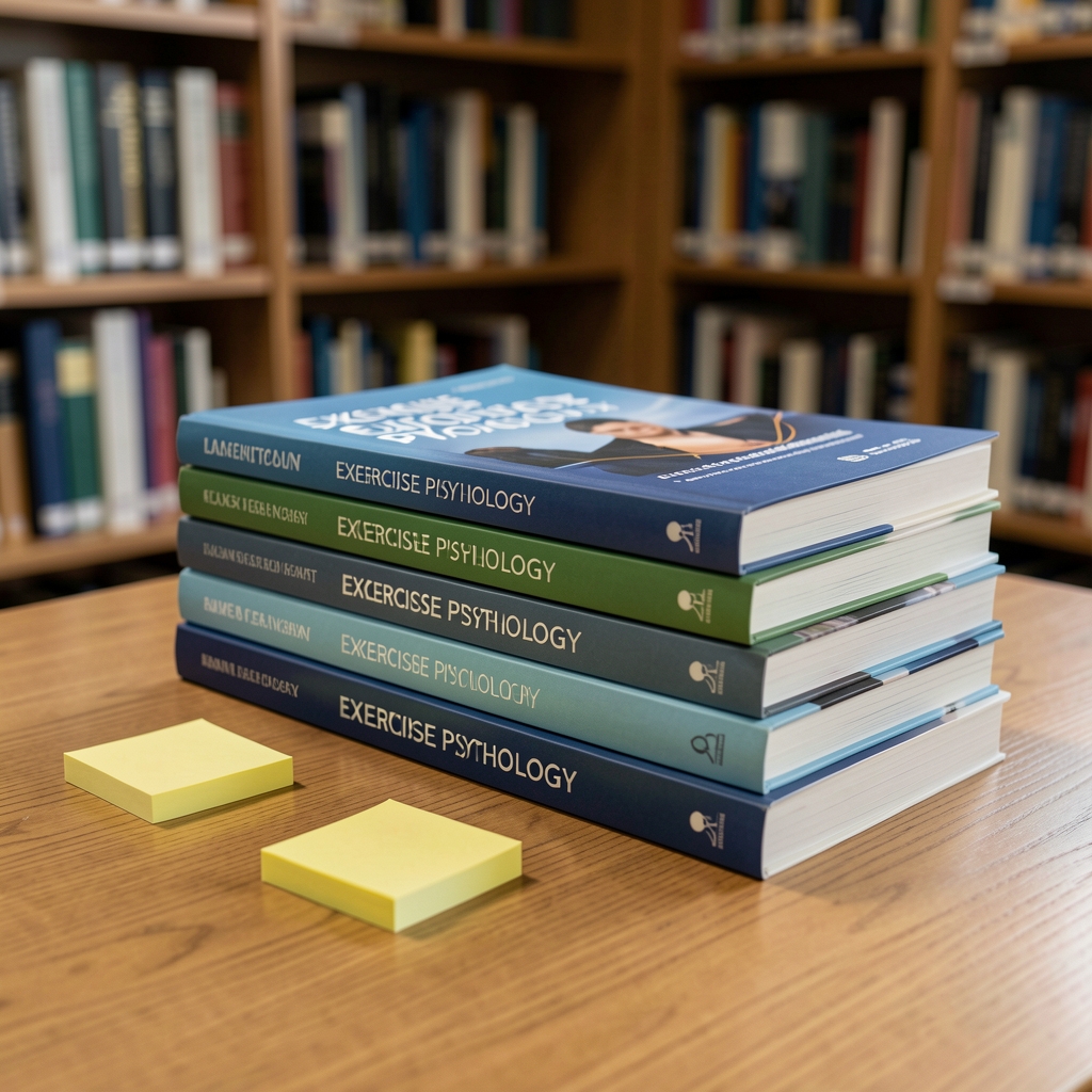 Stack of exercise physiology textbooks and journals with sticky notes on a library table