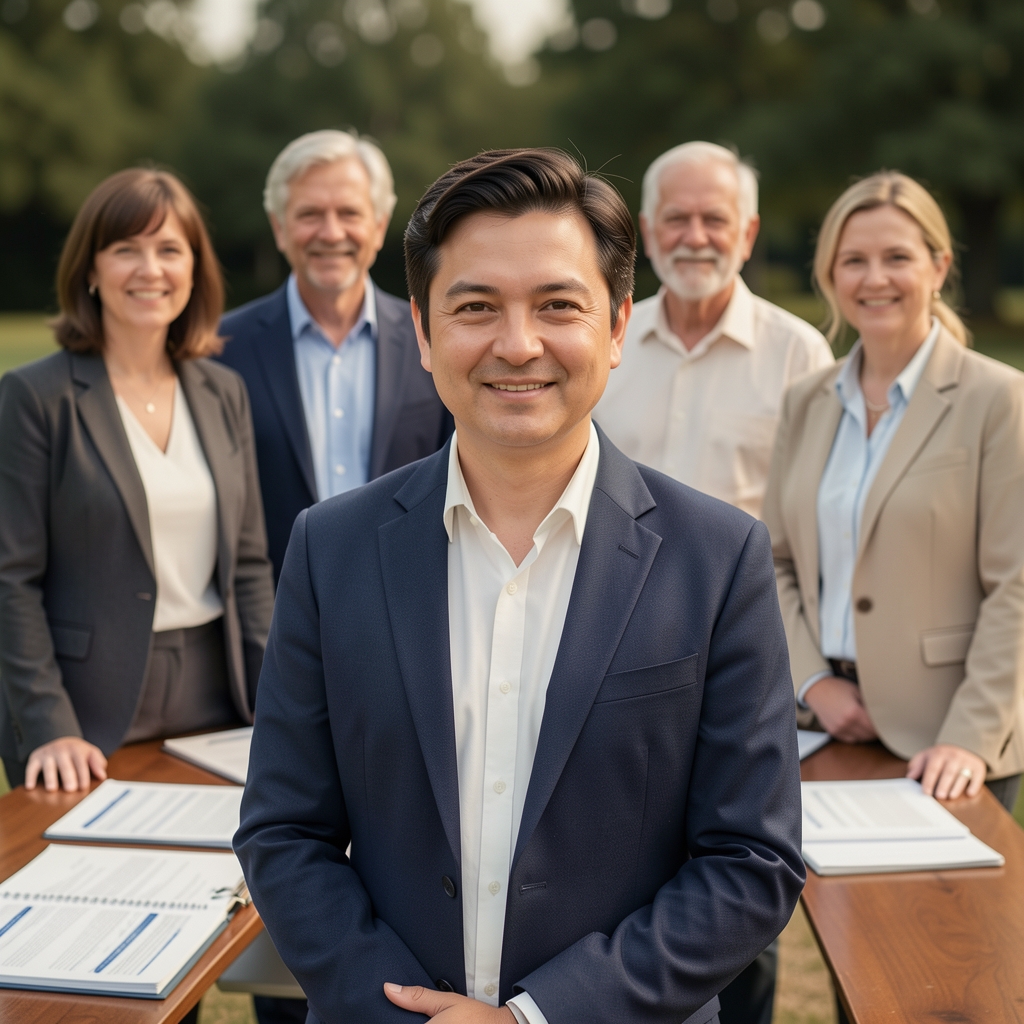 Editorial team of six adults of different ages standing around a large table covered in training notes