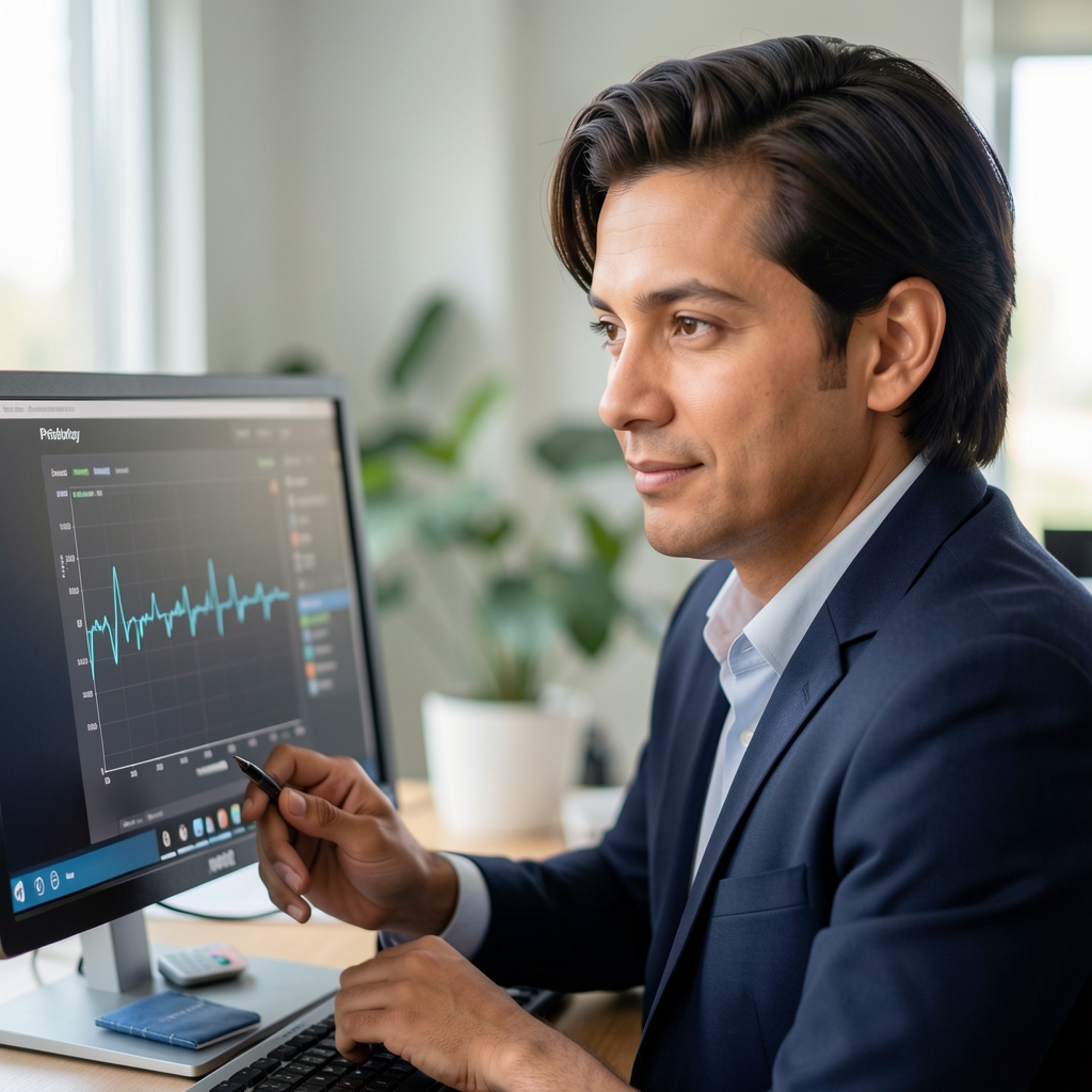 Physiology editor reviewing a heart-rate graph on a monitor in a quiet office