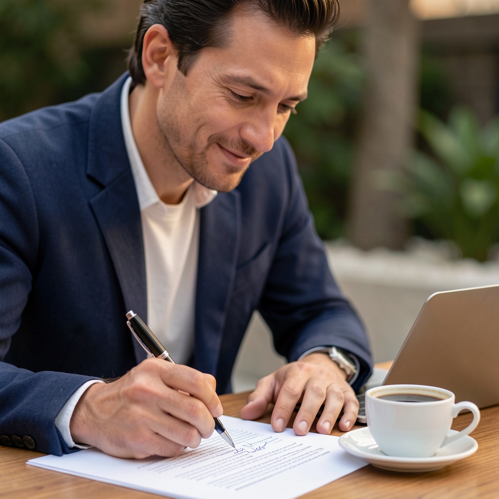 Reviewer with a pen marking corrections on a printed article draft beside a cup of coffee