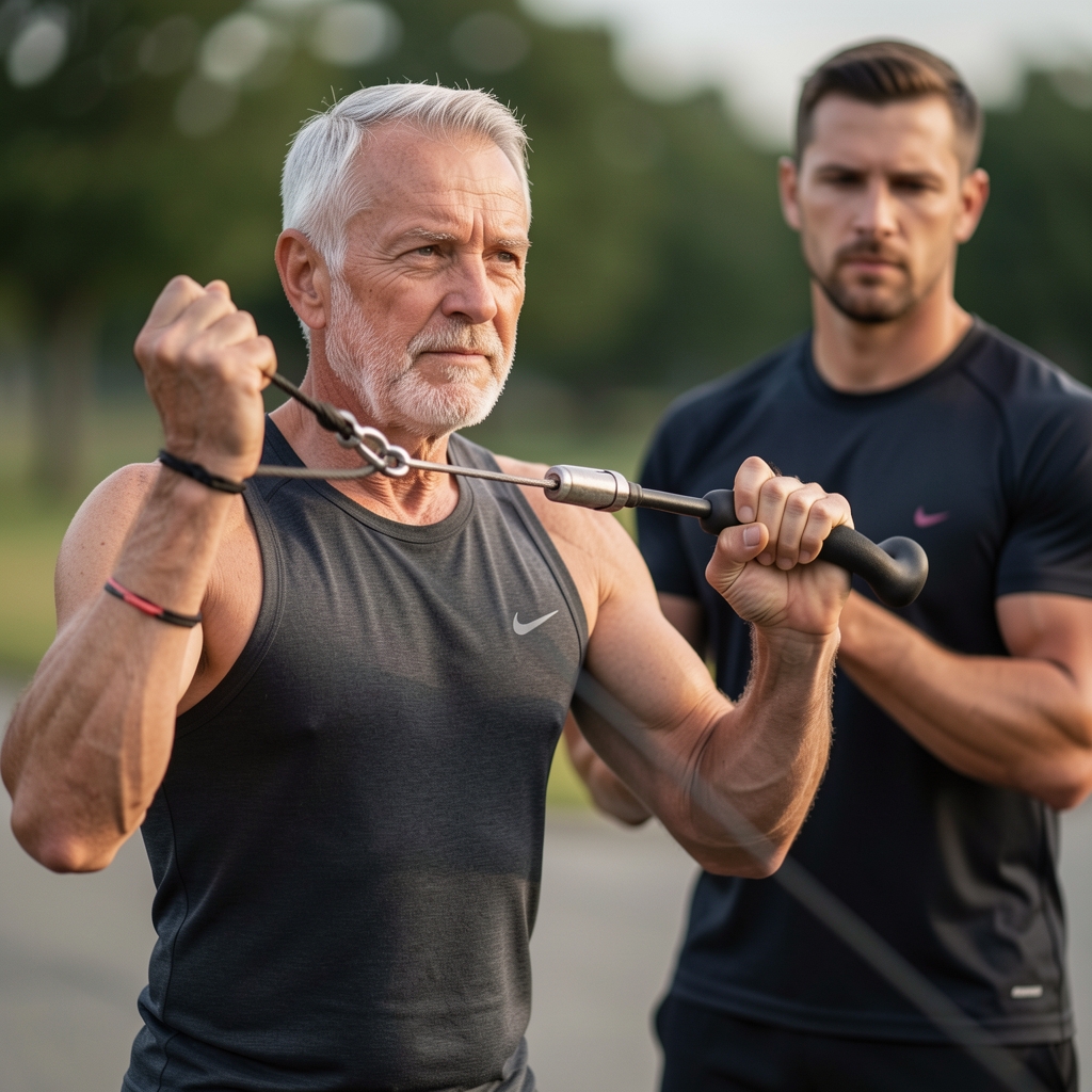 Mature athlete practicing a split stance cable press with careful alignment beside a coach